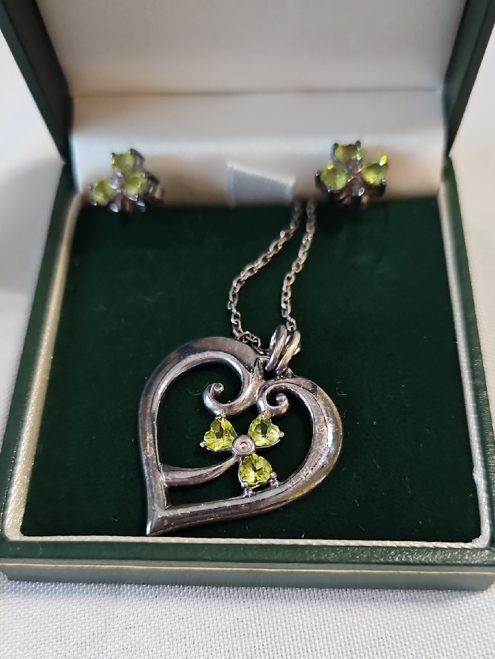 Sterling Heart Pendant Necklace and Earrings with Peridot Accent - Green
